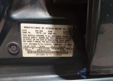 2000 Nissan Sentra Se z USA, uszkodzony, nr VIN 3N1BB51D1YL103592